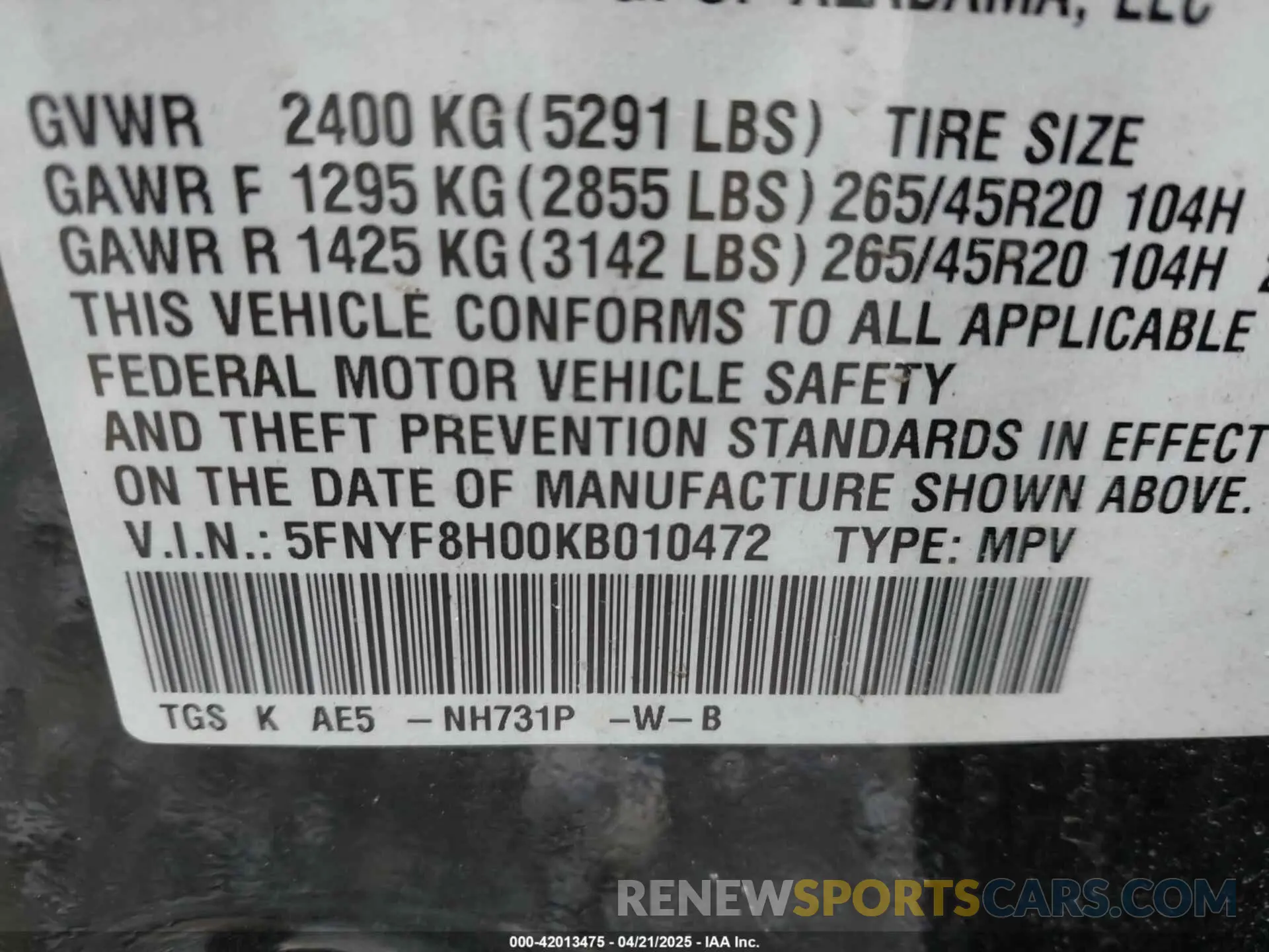 9 Фотография поврежденного автомобиля 5FNYF8H00KB010472 HONDA PASSPORT 2019