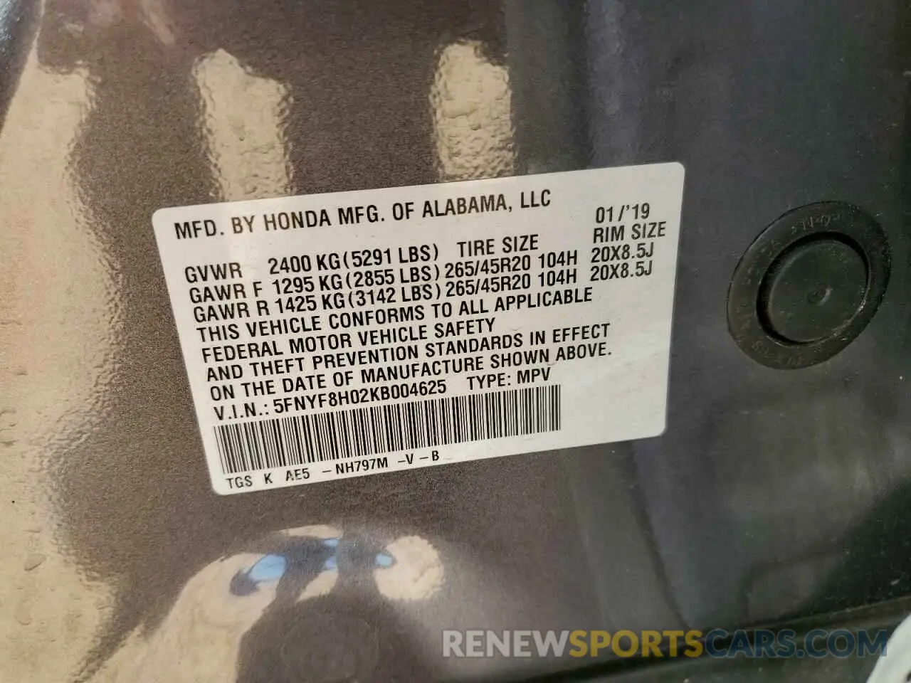 13 Фотография поврежденного автомобиля 5FNYF8H02KB004625 HONDA PASSPORT 2019