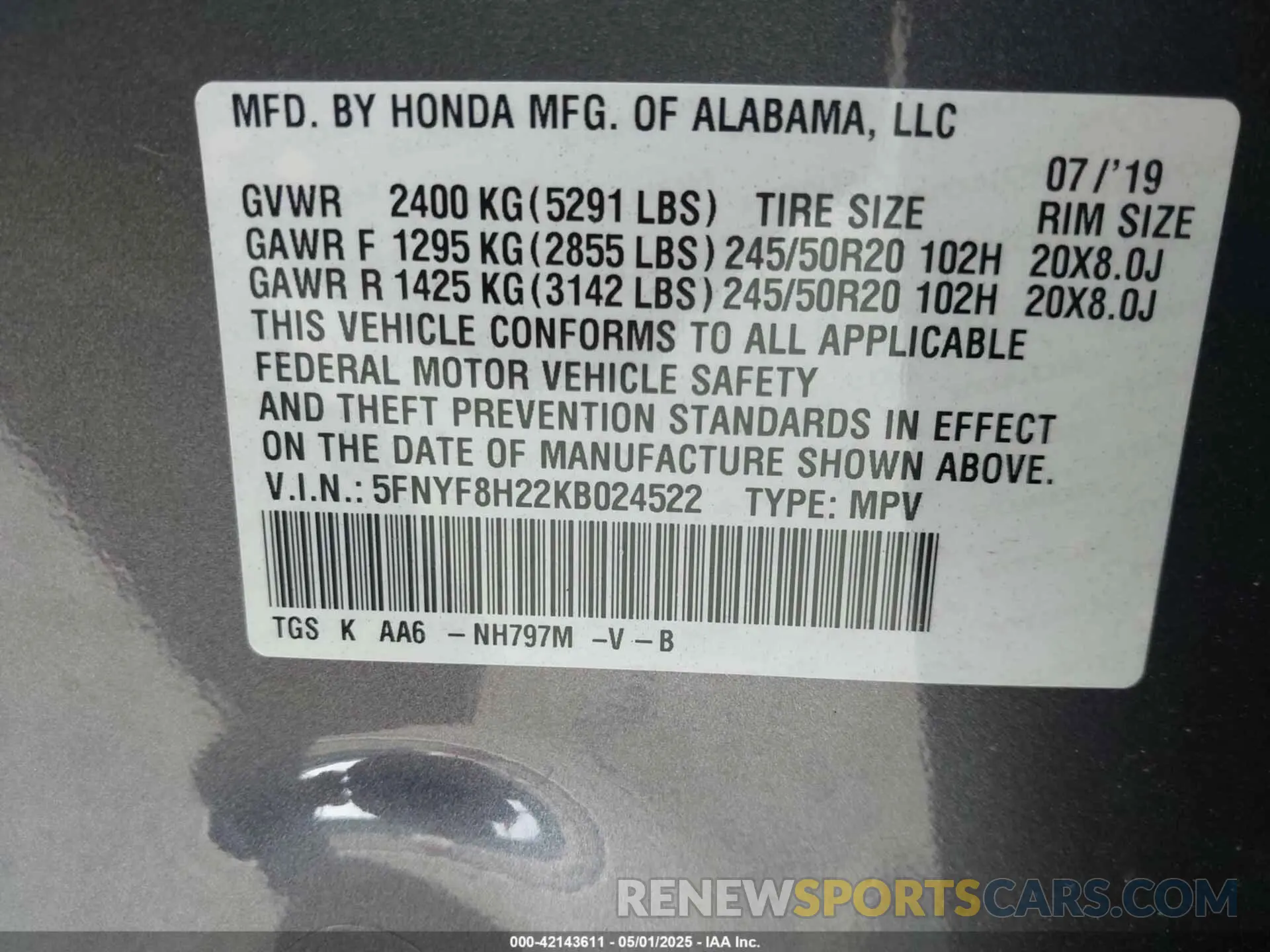 9 Photograph of a damaged car 5FNYF8H22KB024522 HONDA PASSPORT 2019