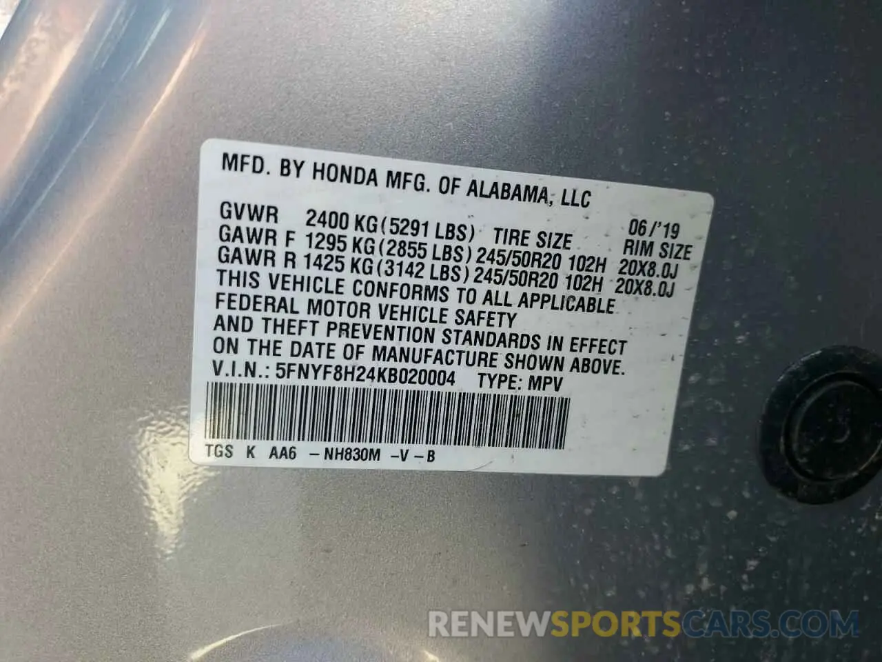 14 Photograph of a damaged car 5FNYF8H24KB020004 HONDA PASSPORT 2019