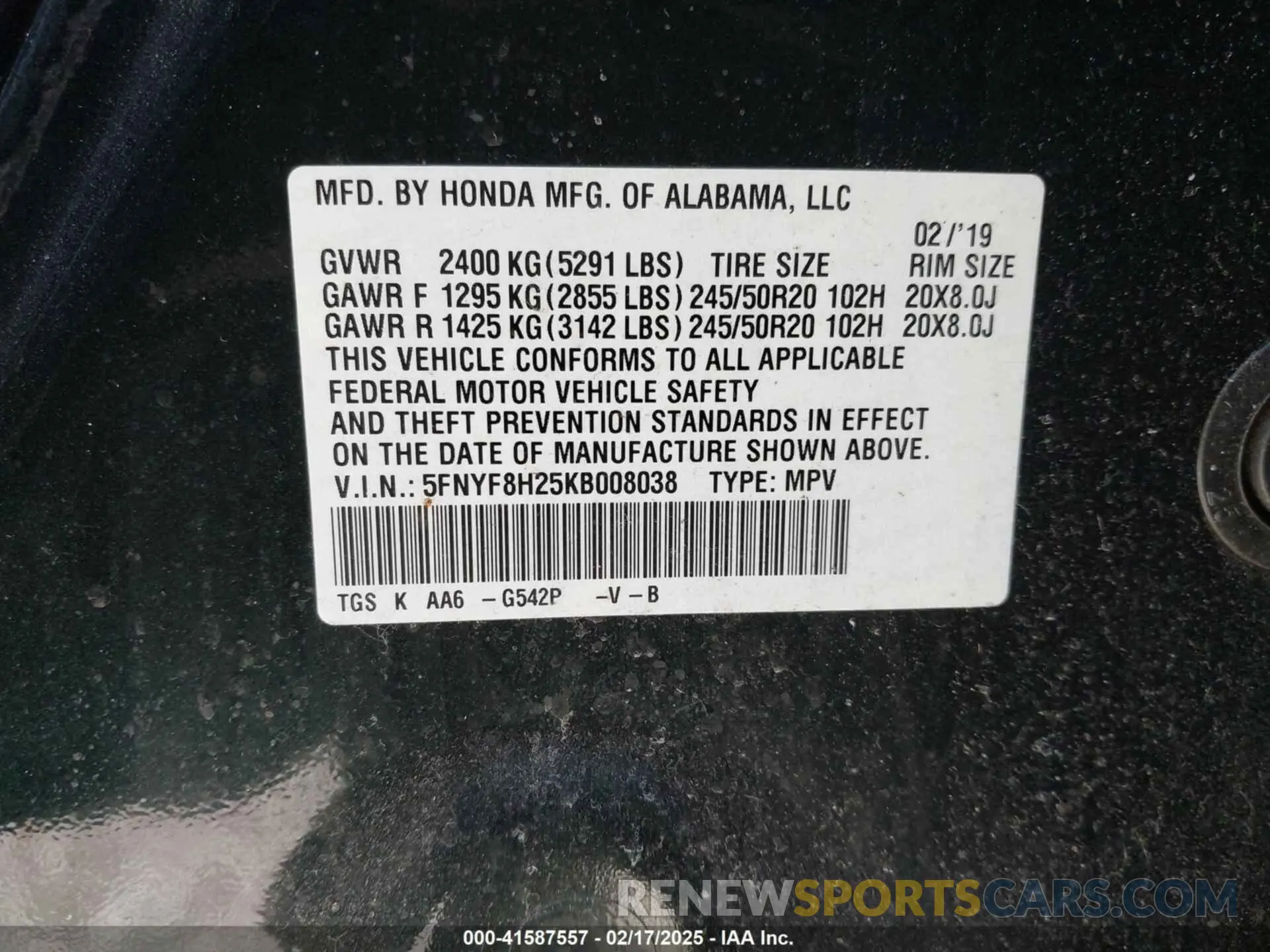 9 Фотография поврежденного автомобиля 5FNYF8H25KB008038 HONDA PASSPORT 2019