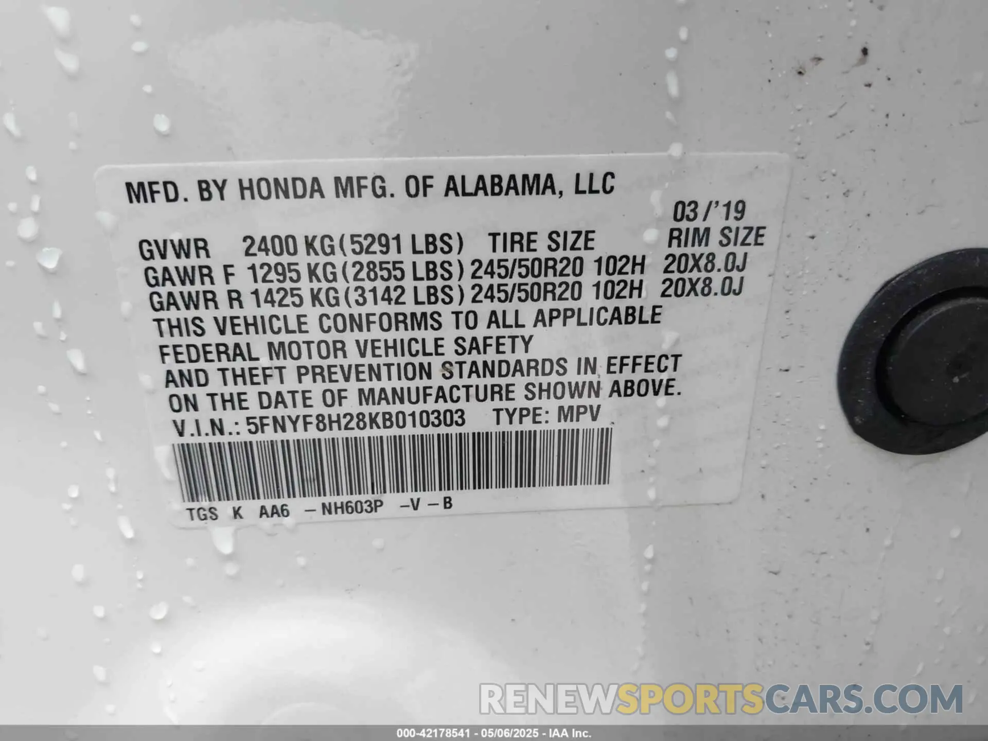 9 Фотография поврежденного автомобиля 5FNYF8H28KB010303 HONDA PASSPORT 2019