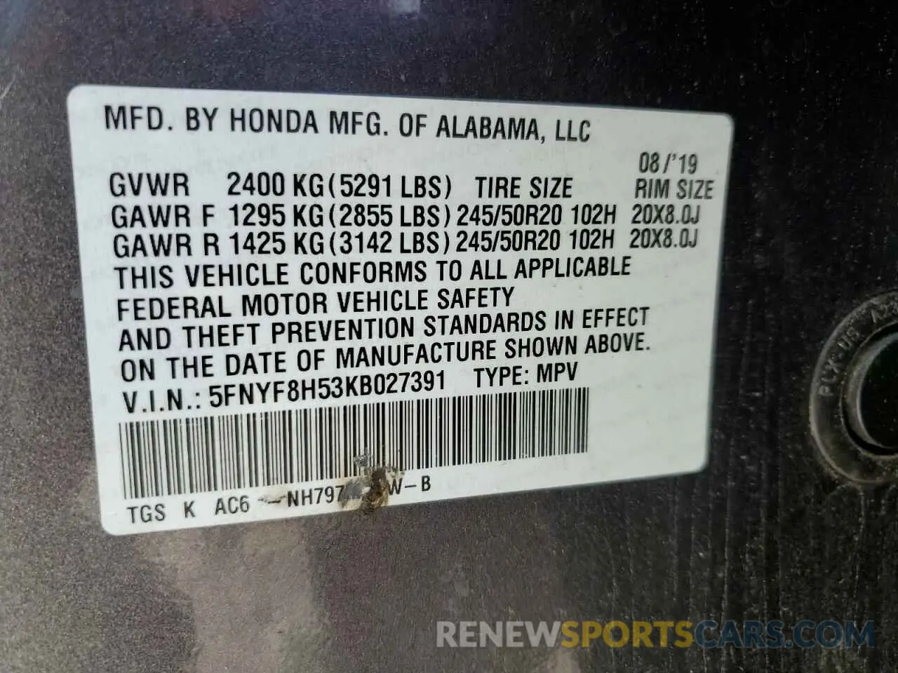 13 Photograph of a damaged car 5FNYF8H53KB027391 HONDA PASSPORT 2019