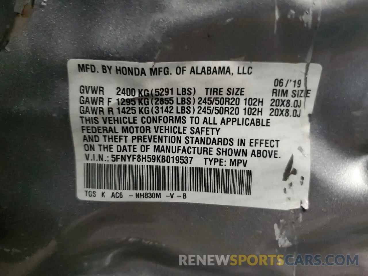 14 Фотография поврежденного автомобиля 5FNYF8H59KB019537 HONDA PASSPORT 2019