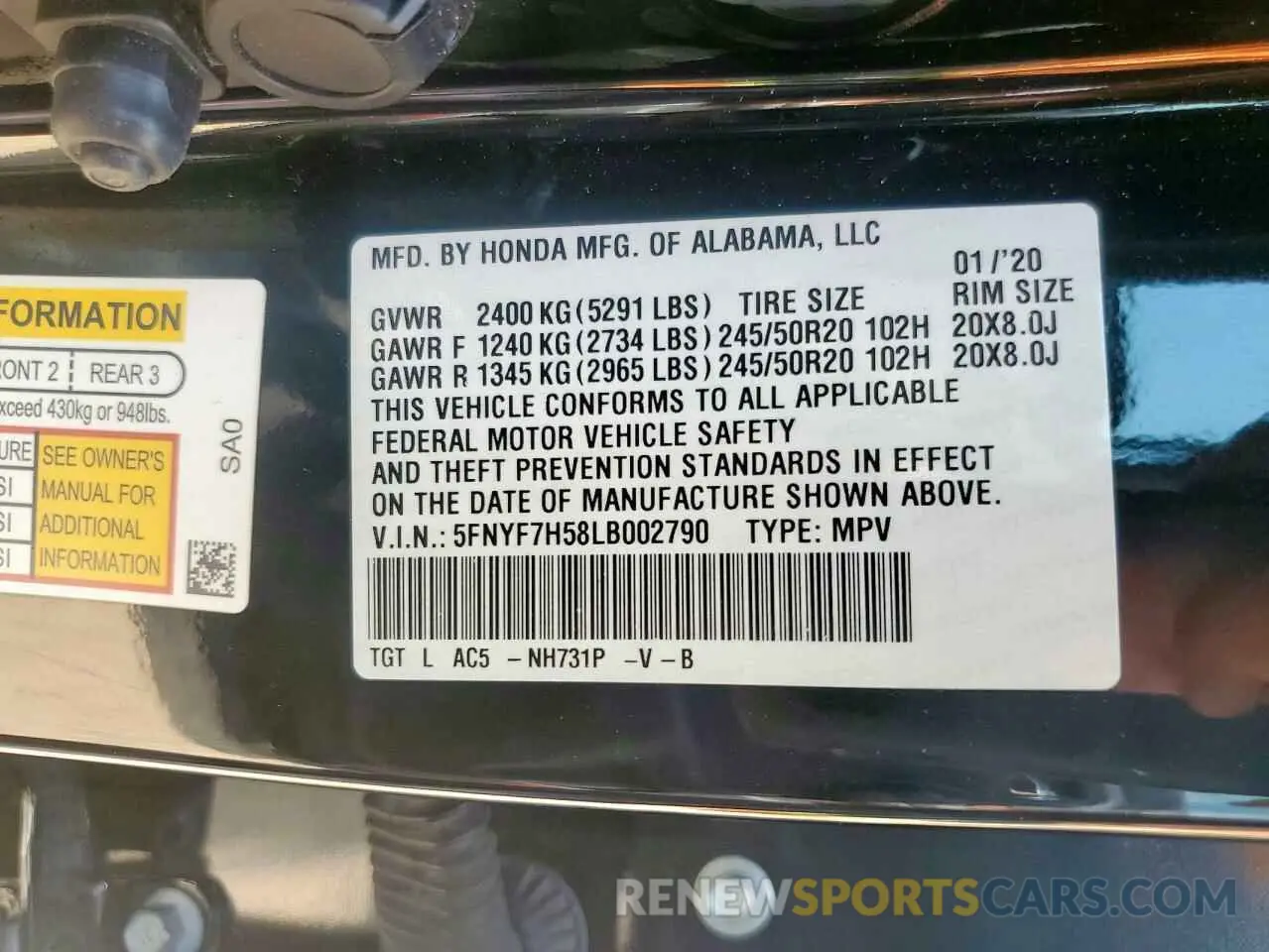 14 Photograph of a damaged car 5FNYF7H58LB002790 HONDA PASSPORT 2020