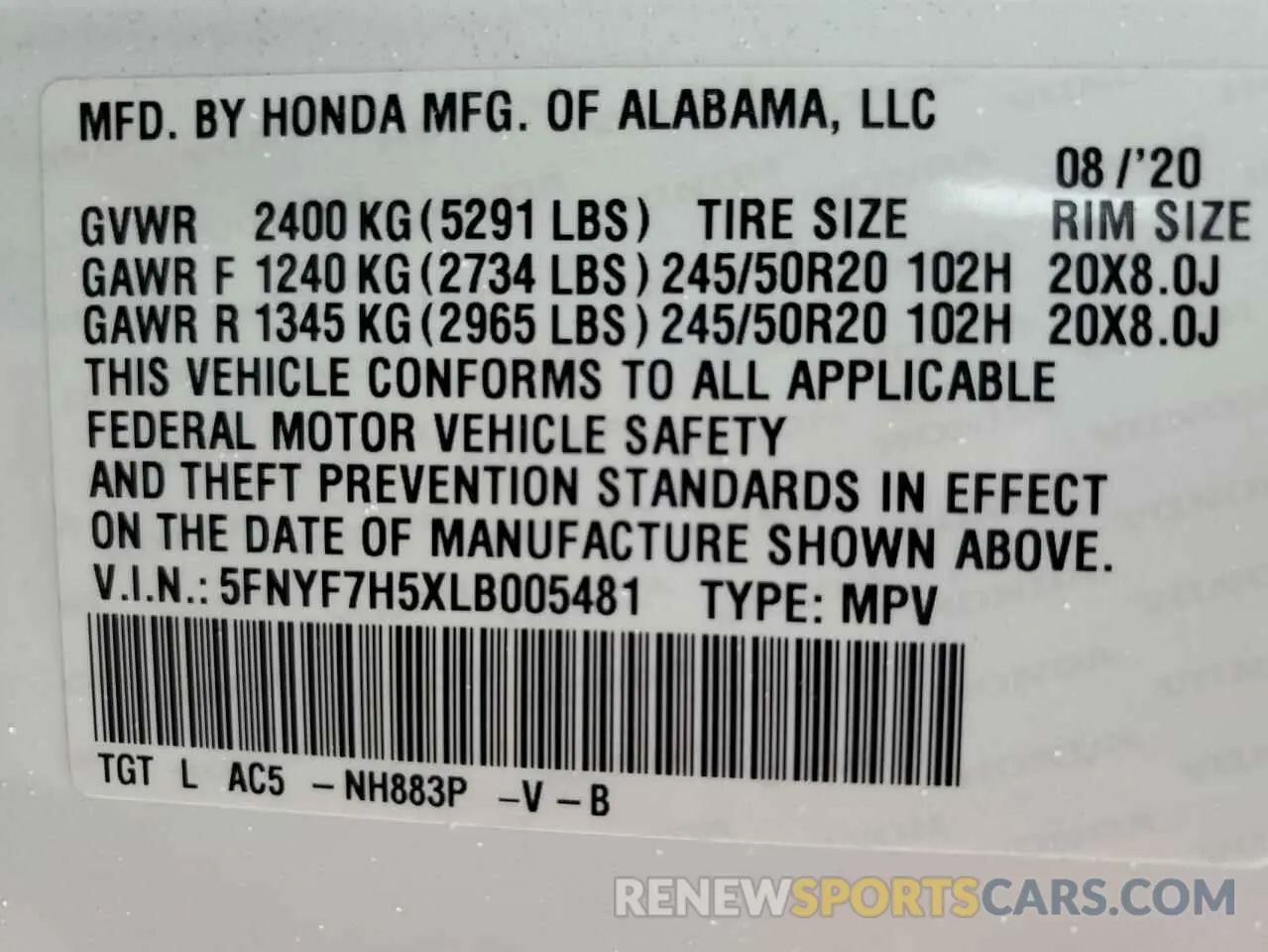 13 Фотография поврежденного автомобиля 5FNYF7H5XLB005481 HONDA PASSPORT 2020