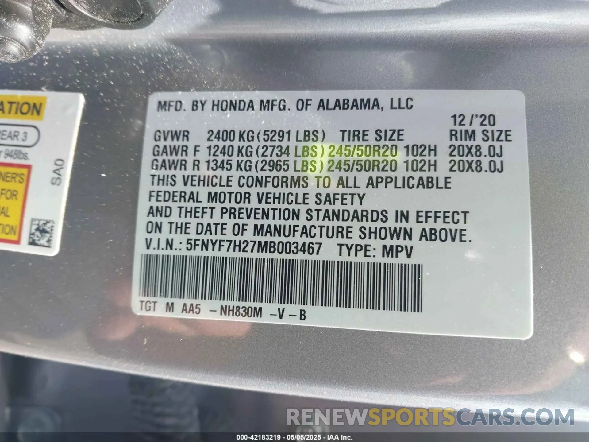 9 Фотография поврежденного автомобиля 5FNYF7H27MB003467 HONDA PASSPORT 2021