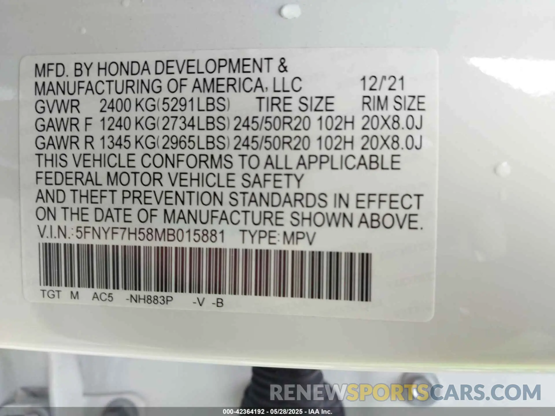 9 Фотография поврежденного автомобиля 5FNYF7H58MB015881 HONDA PASSPORT 2021