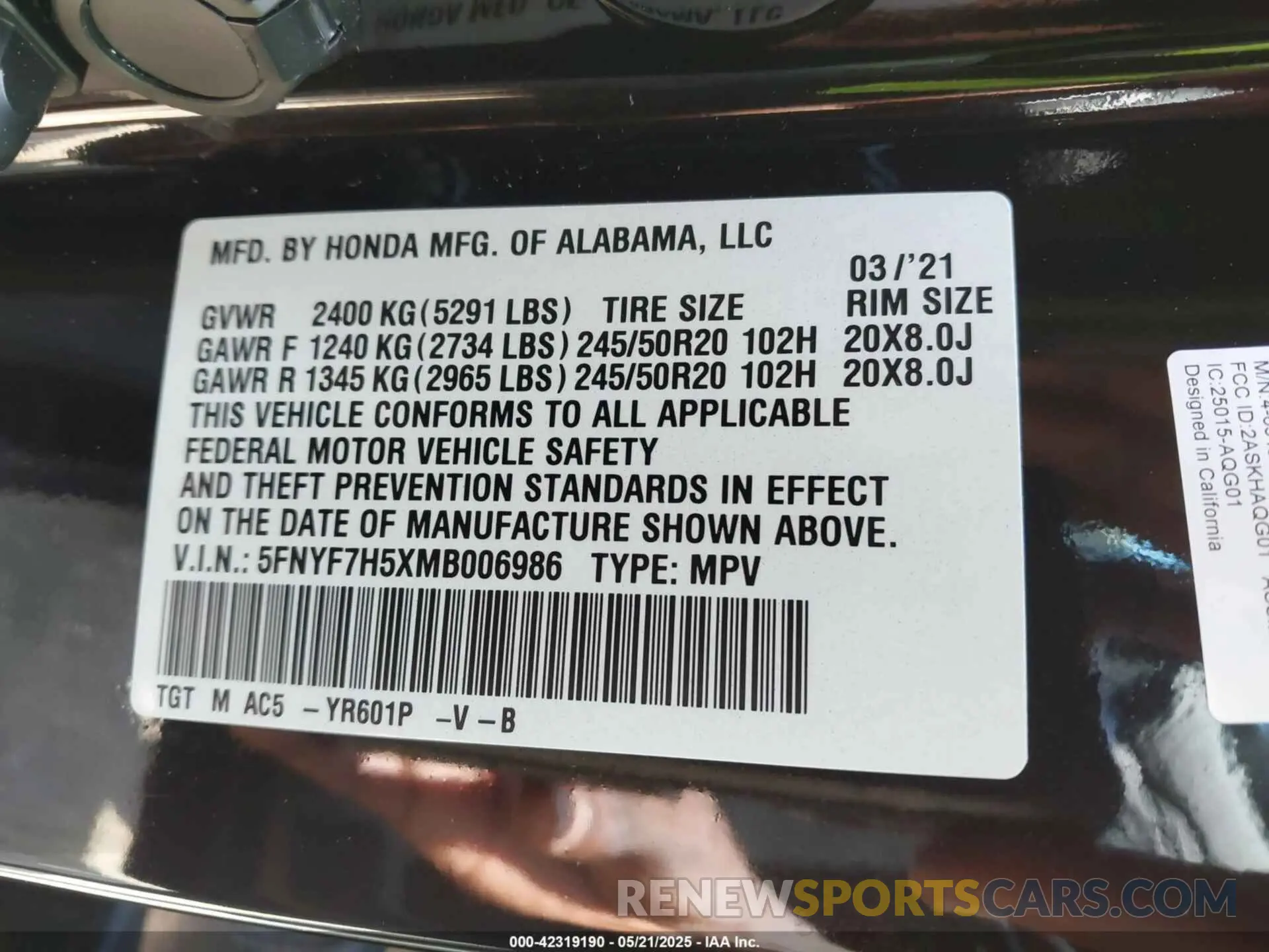 9 Фотография поврежденного автомобиля 5FNYF7H5XMB006986 HONDA PASSPORT 2021
