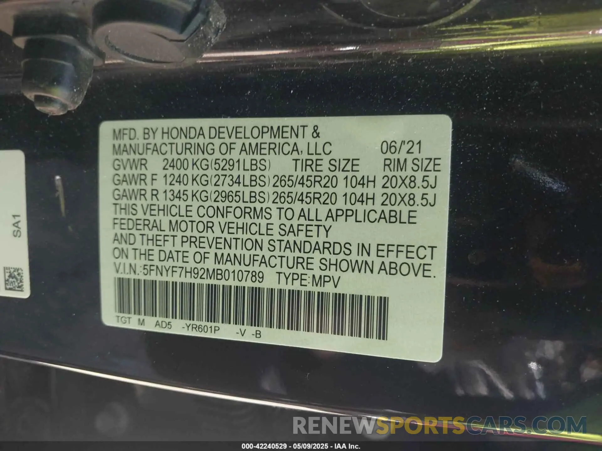9 Photograph of a damaged car 5FNYF7H92MB010789 HONDA PASSPORT 2021