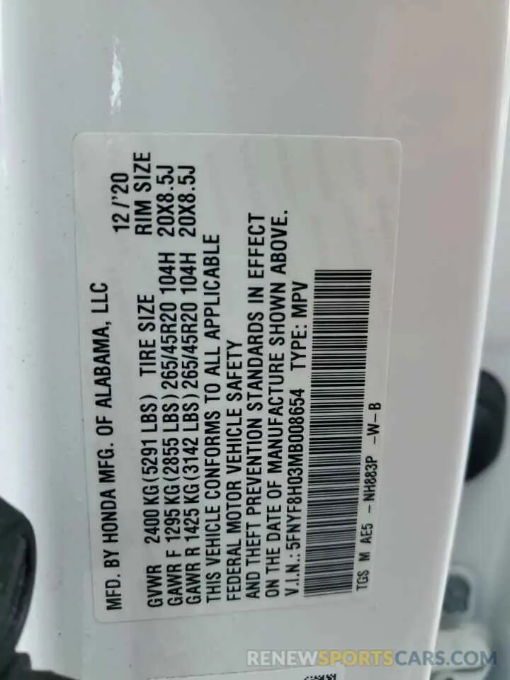14 Фотография поврежденного автомобиля 5FNYF8H03MB008654 HONDA PASSPORT 2021