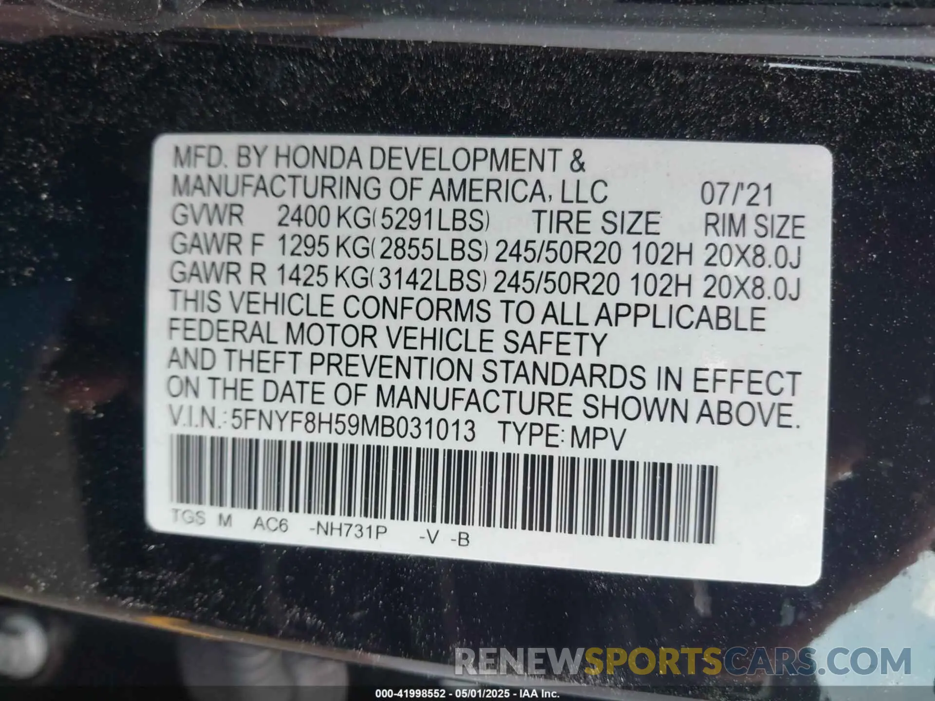 9 Фотография поврежденного автомобиля 5FNYF8H59MB031013 HONDA PASSPORT 2021