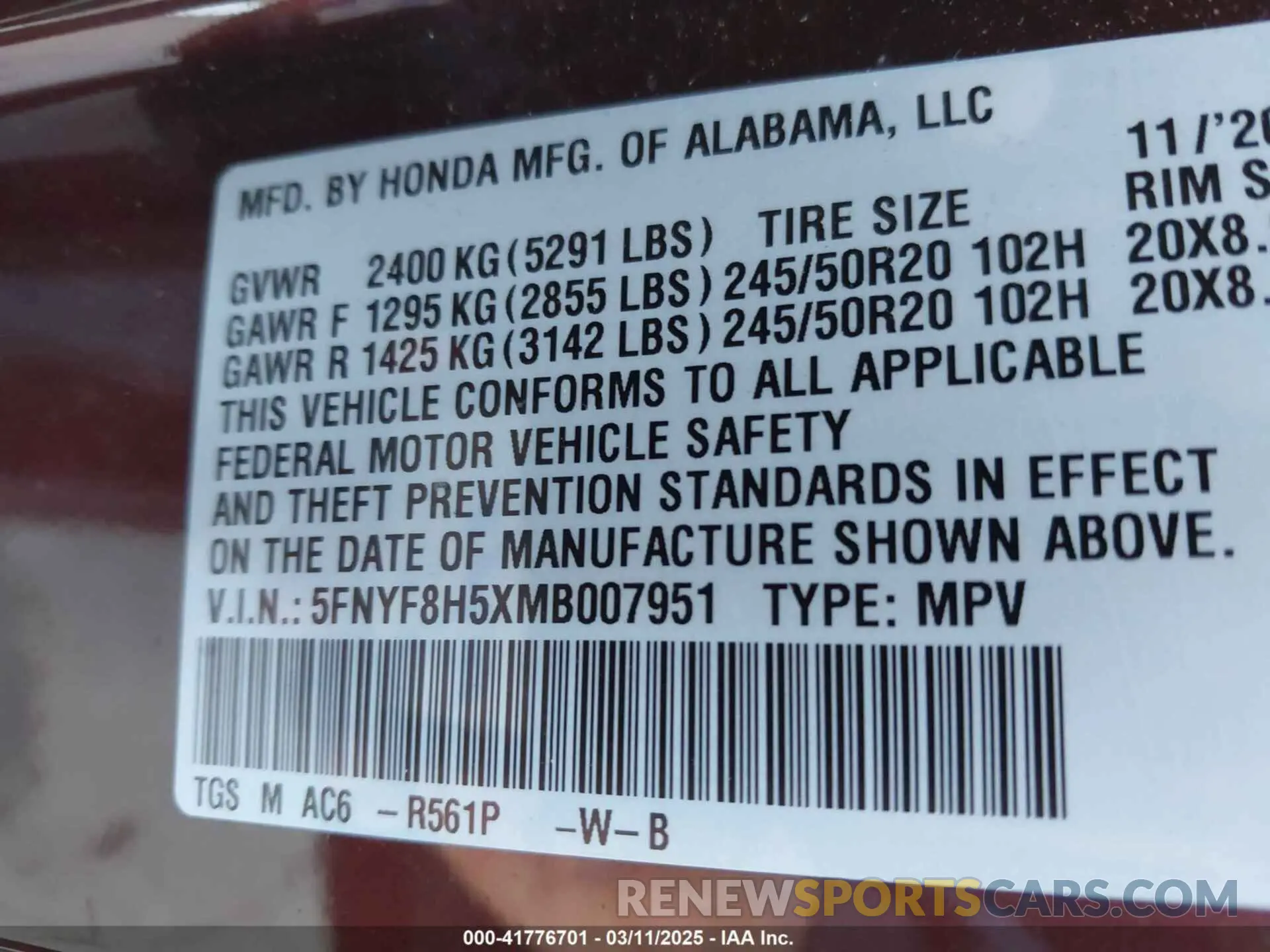 9 Фотография поврежденного автомобиля 5FNYF8H5XMB007951 HONDA PASSPORT 2021