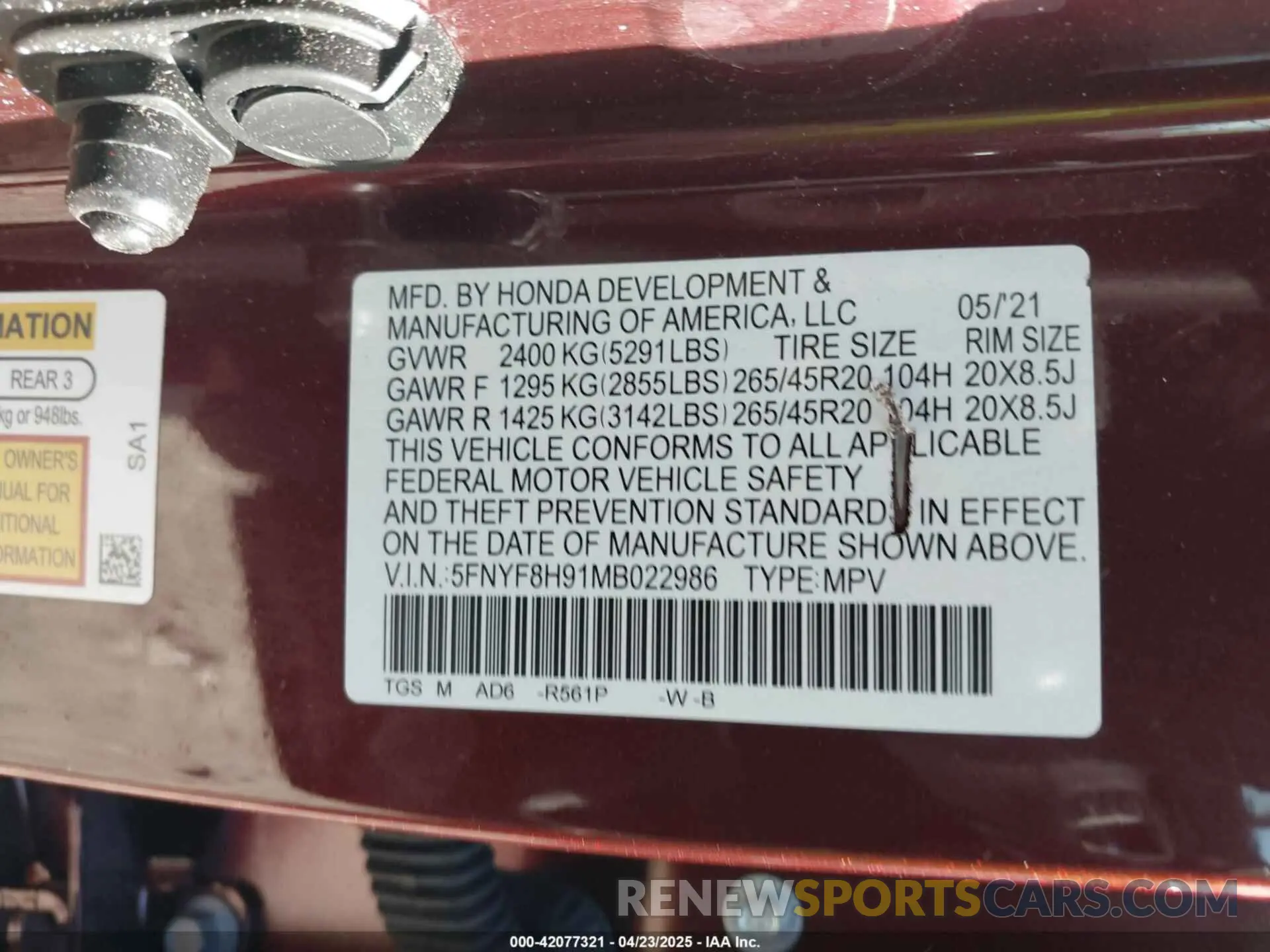 9 Фотография поврежденного автомобиля 5FNYF8H91MB022986 HONDA PASSPORT 2021