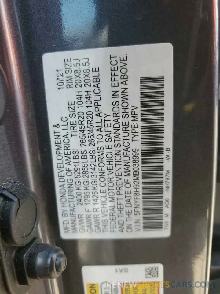 12 Фотография поврежденного автомобиля 5FNYF8H92MB038999 HONDA PASSPORT 2021