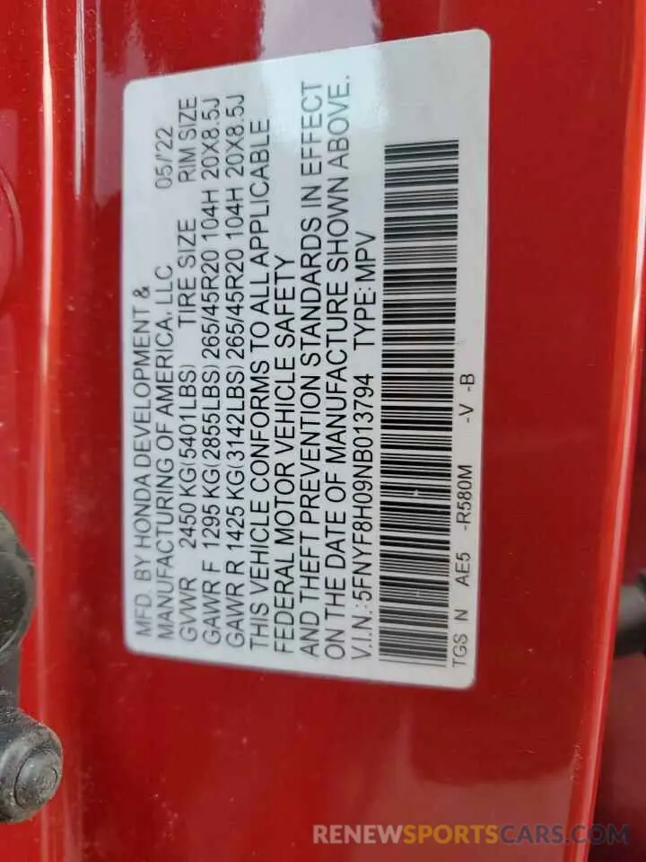 14 Фотография поврежденного автомобиля 5FNYF8H09NB013794 HONDA PASSPORT 2022