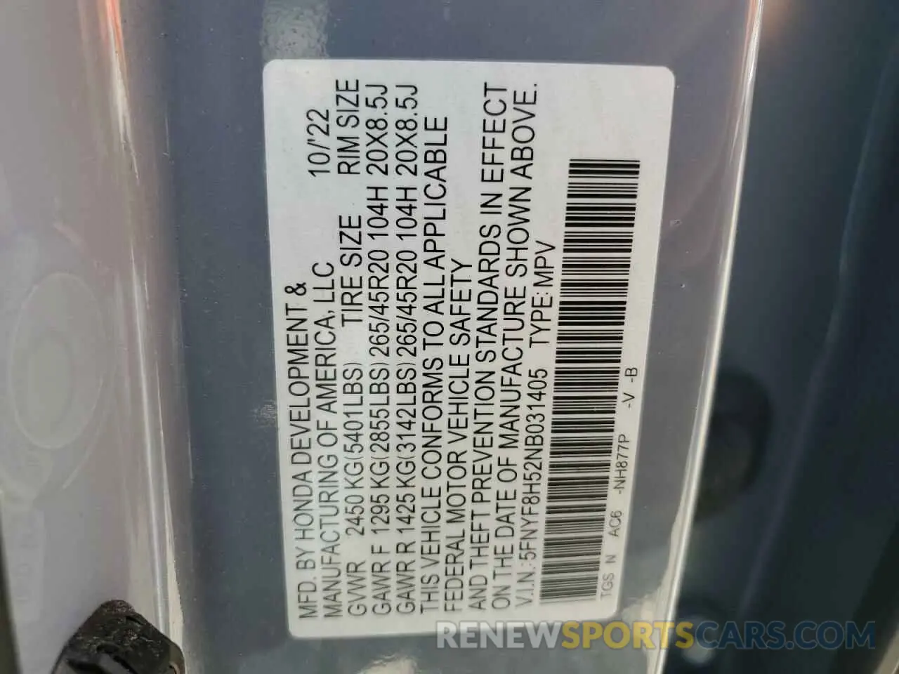 14 Фотография поврежденного автомобиля 5FNYF8H52NB031405 HONDA PASSPORT 2022