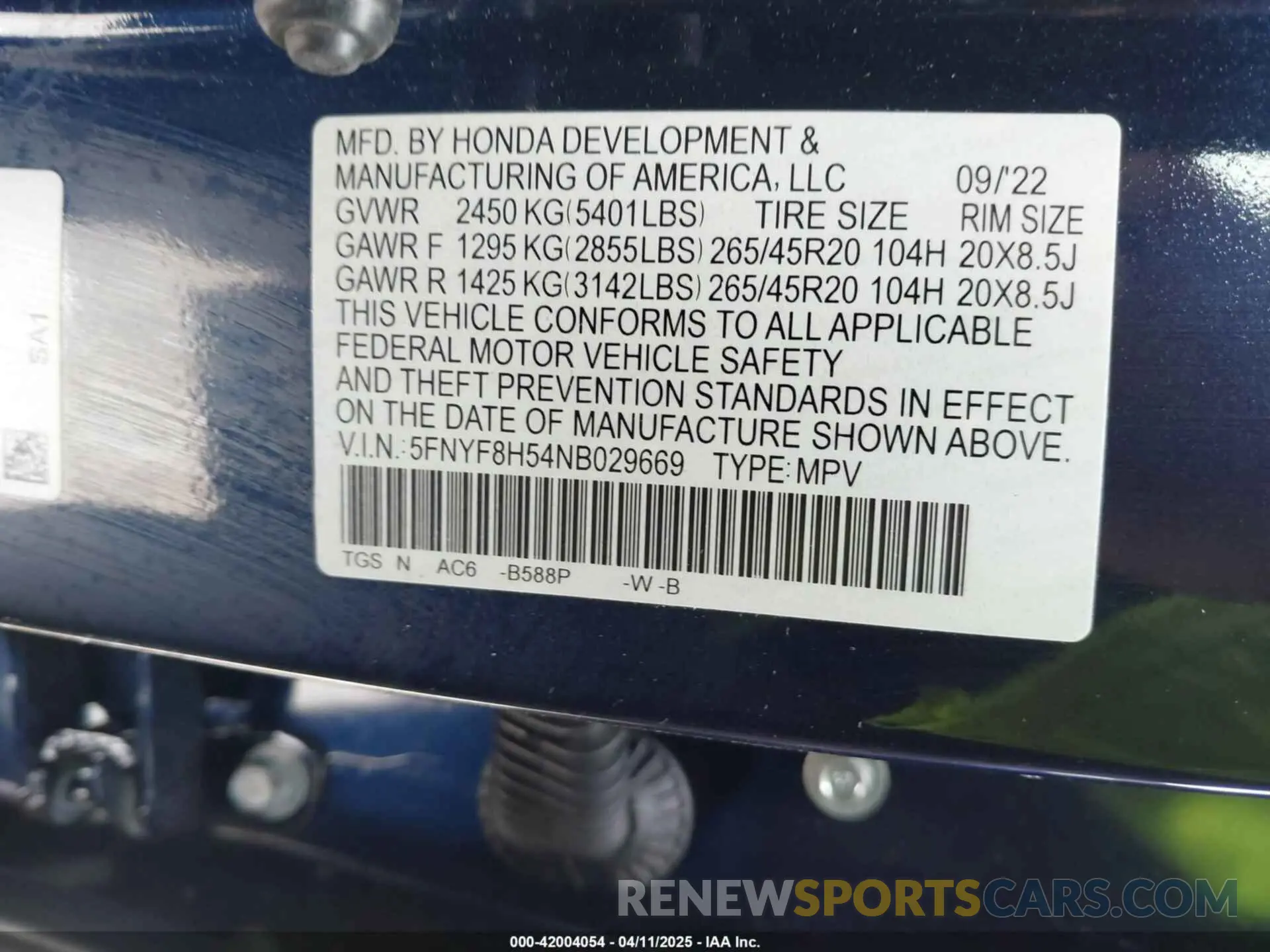 9 Фотография поврежденного автомобиля 5FNYF8H54NB029669 HONDA PASSPORT 2022
