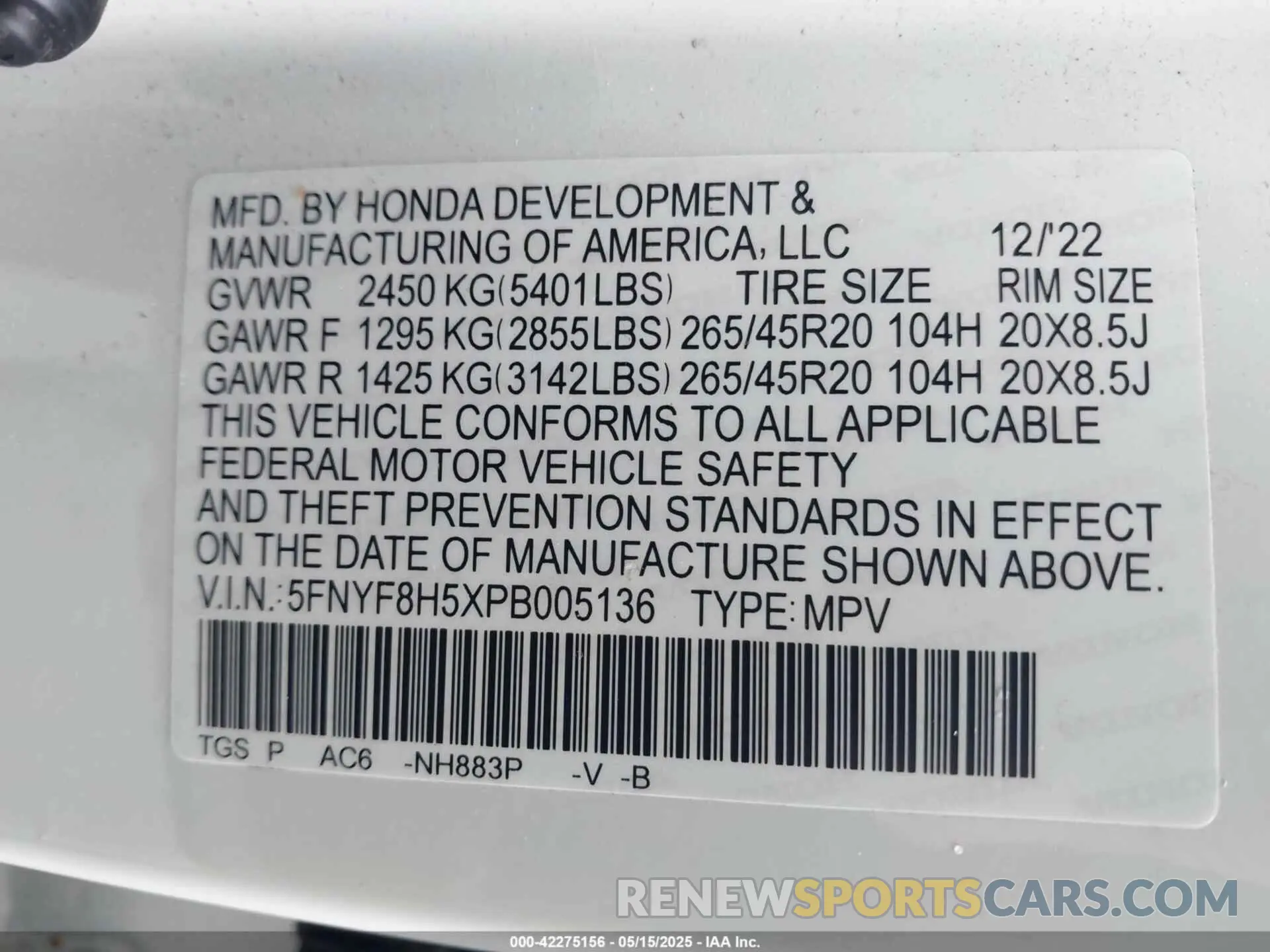 9 Фотография поврежденного автомобиля 5FNYF8H5XPB005136 HONDA PASSPORT 2023