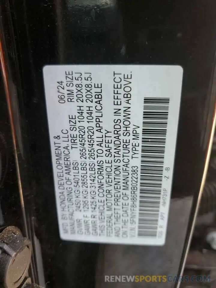 13 Photograph of a damaged car 5FNYF8H86RB022383 HONDA PASSPORT B 2024