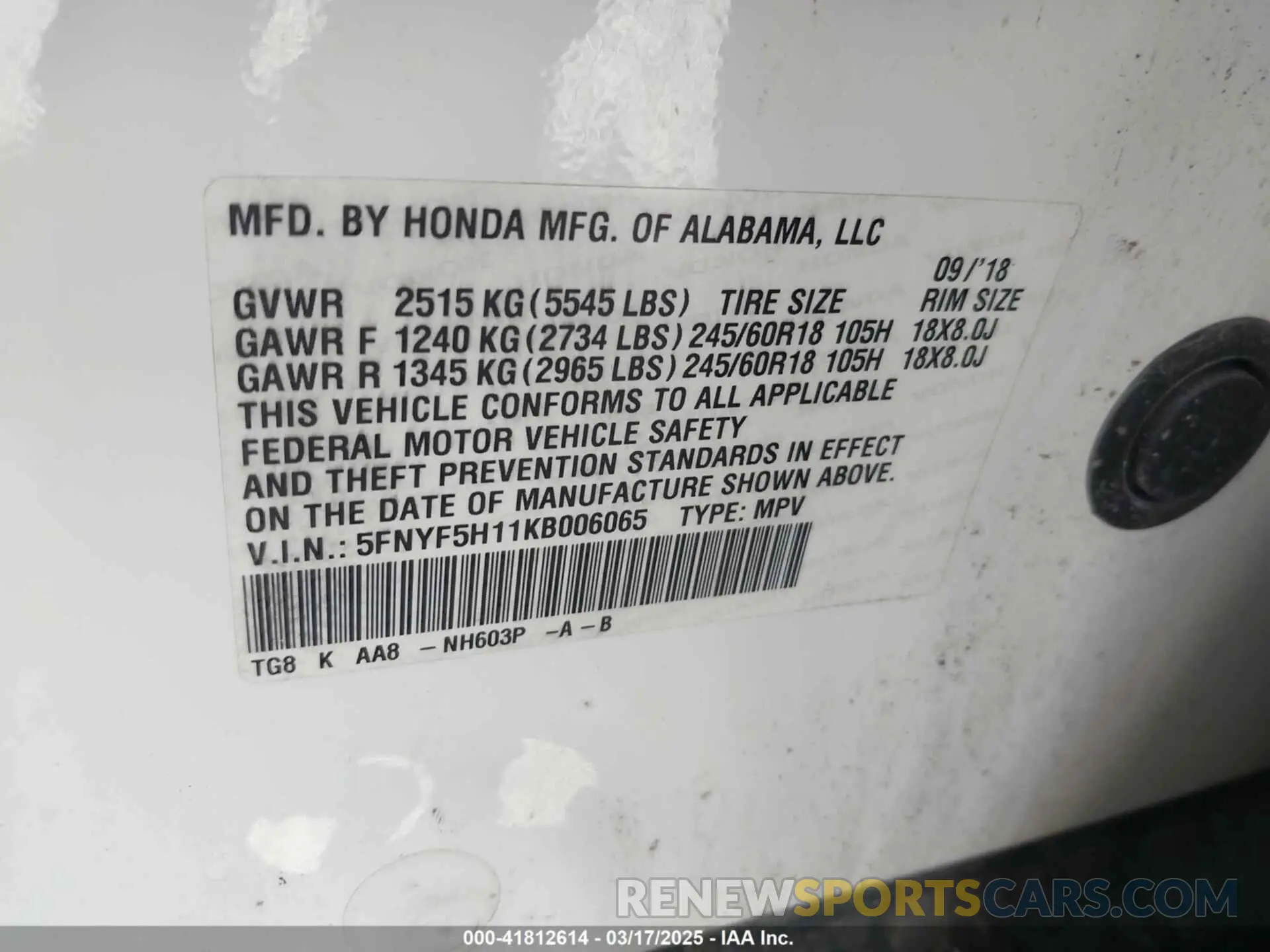 9 Фотография поврежденного автомобиля 5FNYF5H11KB006065 HONDA PILOT 2019