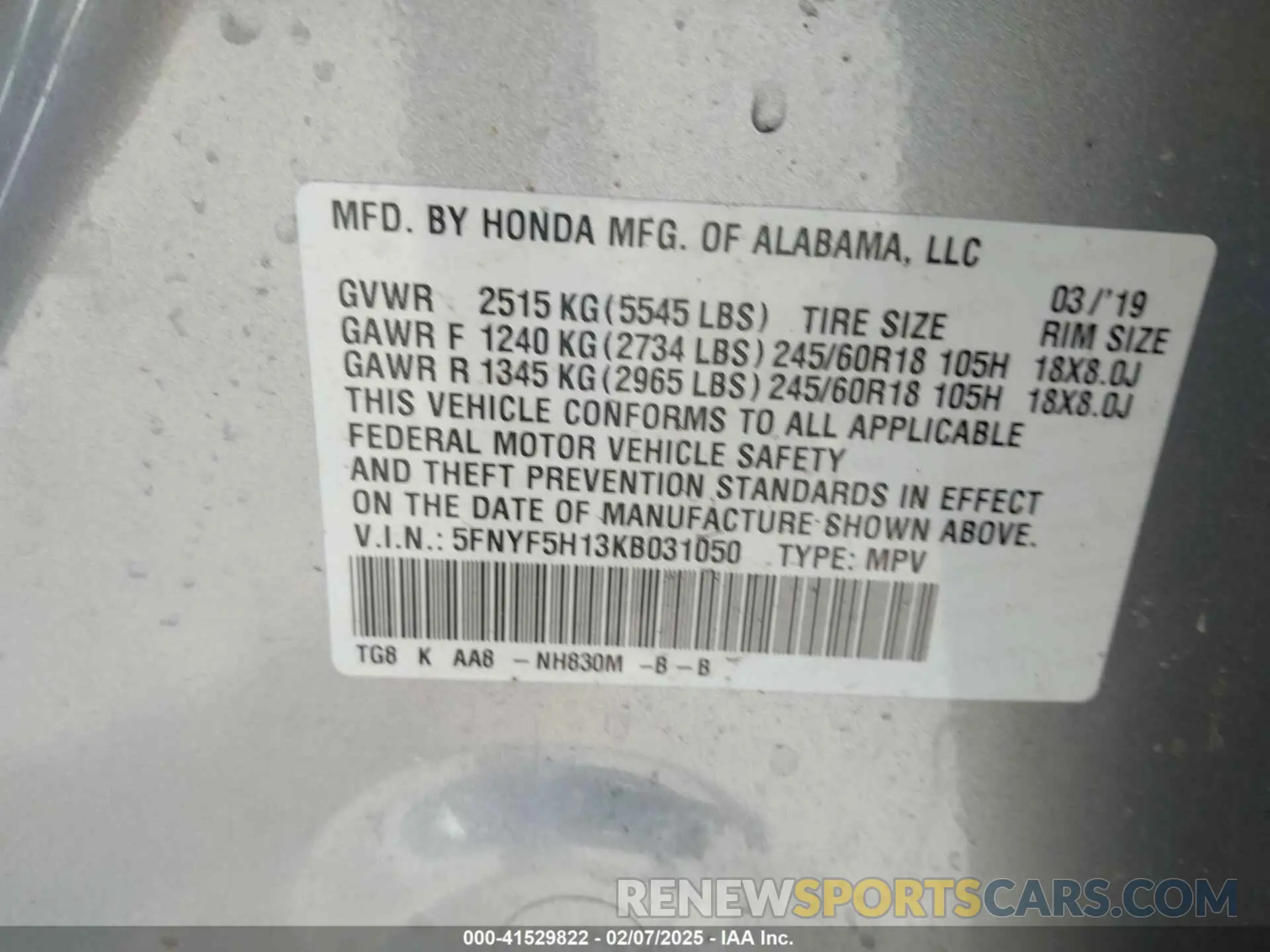 9 Фотография поврежденного автомобиля 5FNYF5H13KB031050 HONDA PILOT 2019