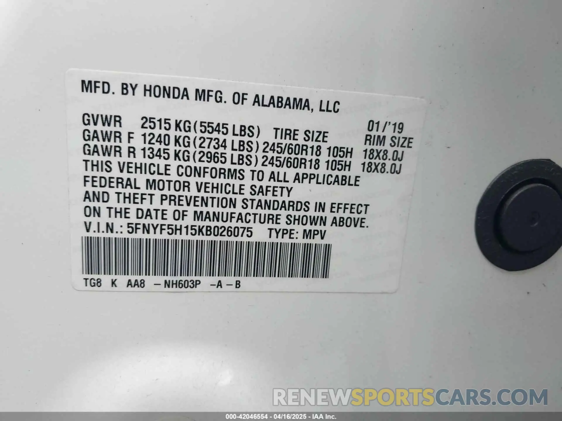 9 Photograph of a damaged car 5FNYF5H15KB026075 HONDA PILOT 2019