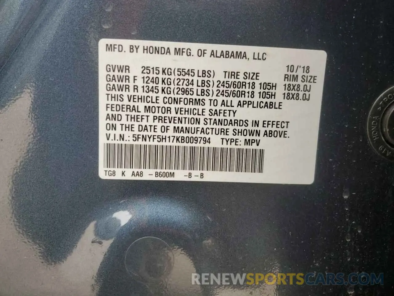 15 Photograph of a damaged car 5FNYF5H17KB009794 HONDA PILOT 2019
