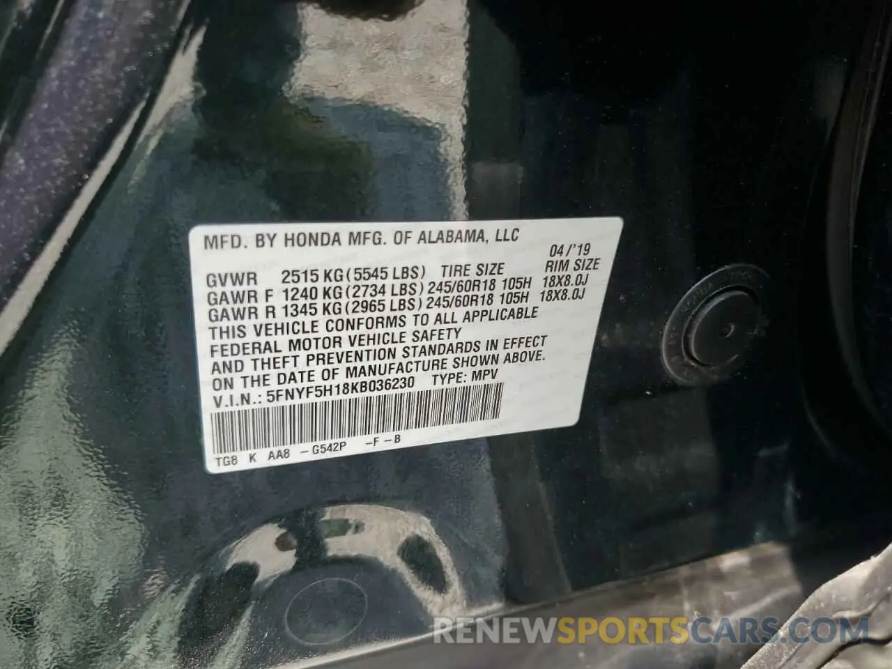 14 Фотография поврежденного автомобиля 5FNYF5H18KB036230 HONDA PILOT 2019