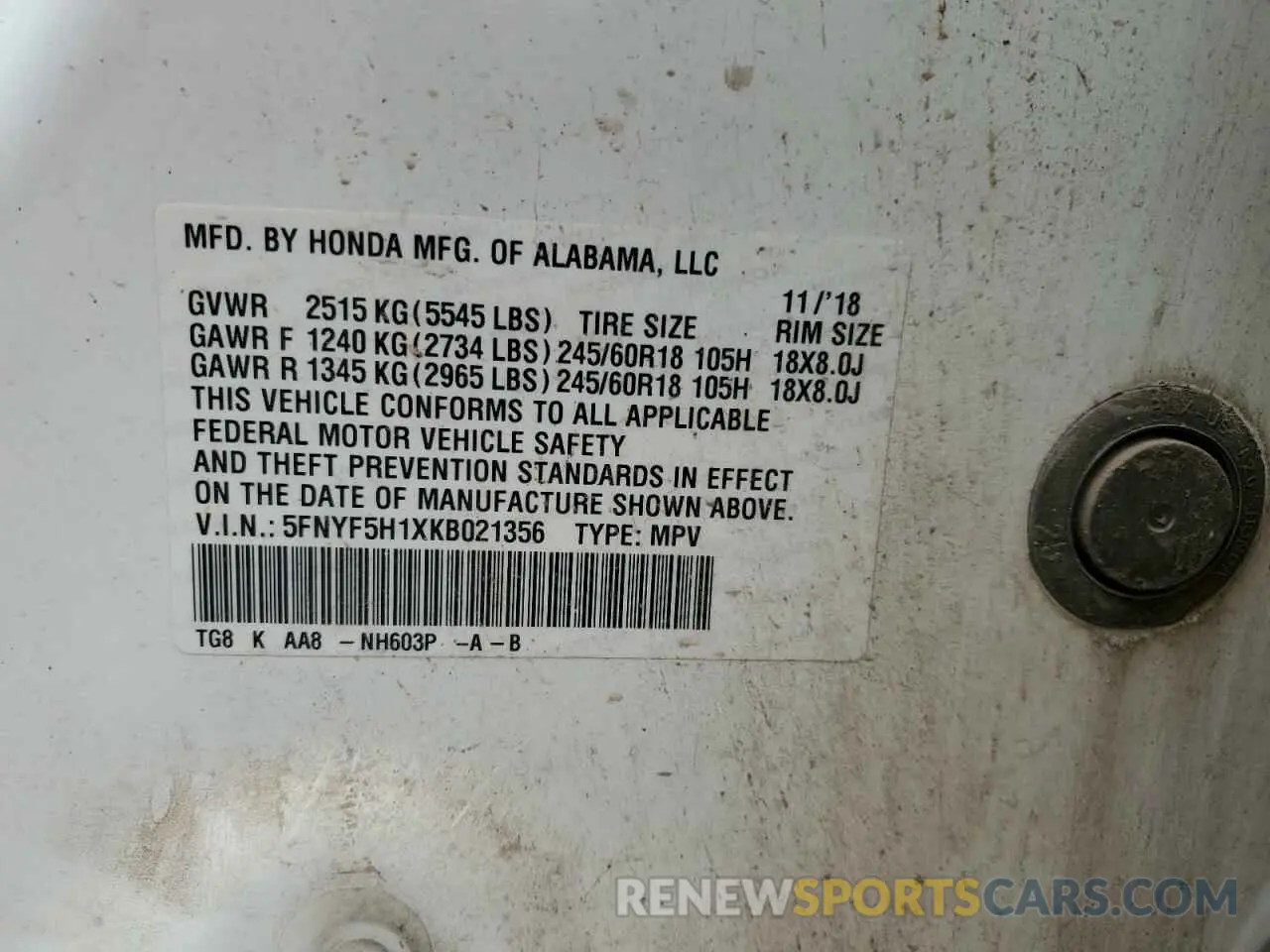13 Фотография поврежденного автомобиля 5FNYF5H1XKB021356 HONDA PILOT 2019