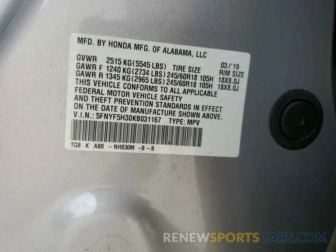 14 Photograph of a damaged car 5FNYF5H30KB031167 HONDA PILOT 2019