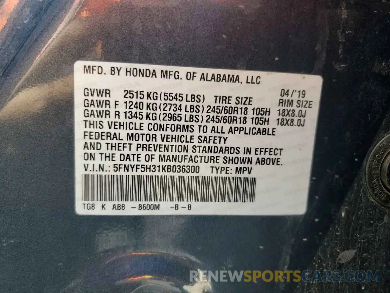 16 Photograph of a damaged car 5FNYF5H31KB036300 HONDA PILOT 2019