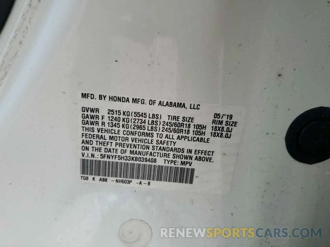 13 Фотография поврежденного автомобиля 5FNYF5H33KB039408 HONDA PILOT 2019