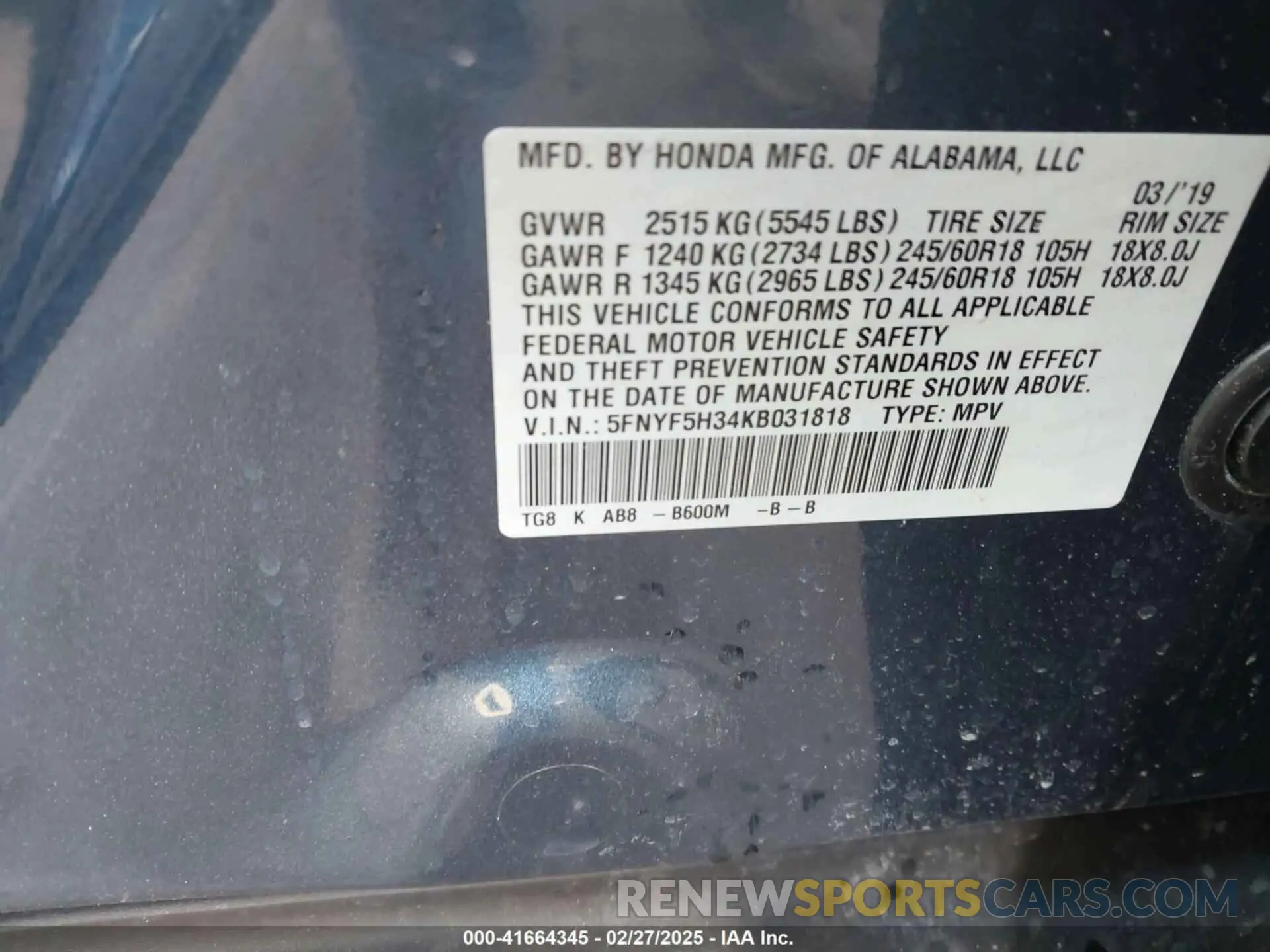 9 Photograph of a damaged car 5FNYF5H34KB031818 HONDA PILOT 2019