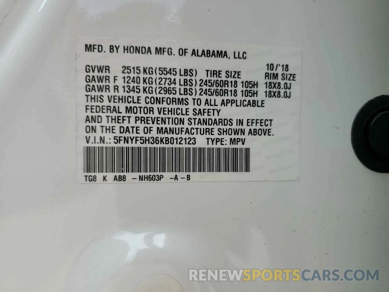13 Photograph of a damaged car 5FNYF5H36KB012123 HONDA PILOT 2019