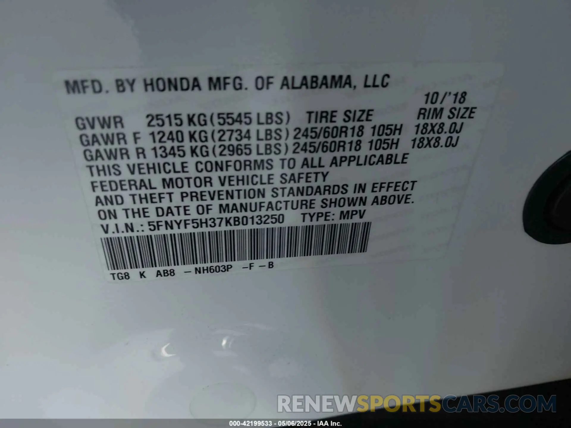 9 Фотография поврежденного автомобиля 5FNYF5H37KB013250 HONDA PILOT 2019