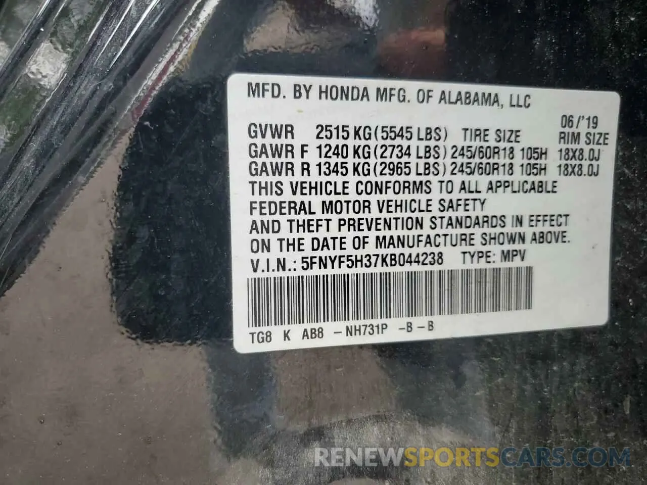 13 Photograph of a damaged car 5FNYF5H37KB044238 HONDA PILOT 2019