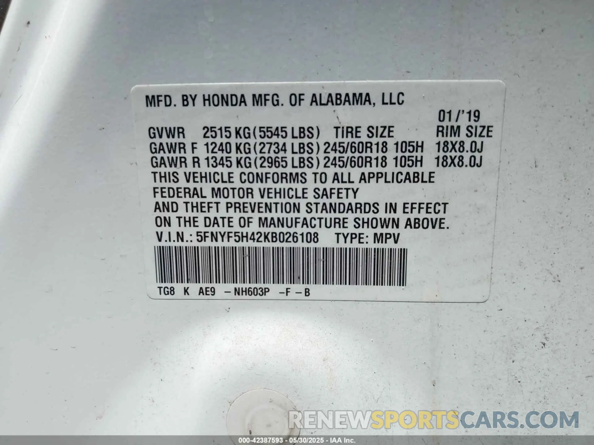 9 Photograph of a damaged car 5FNYF5H42KB026108 HONDA PILOT 2019