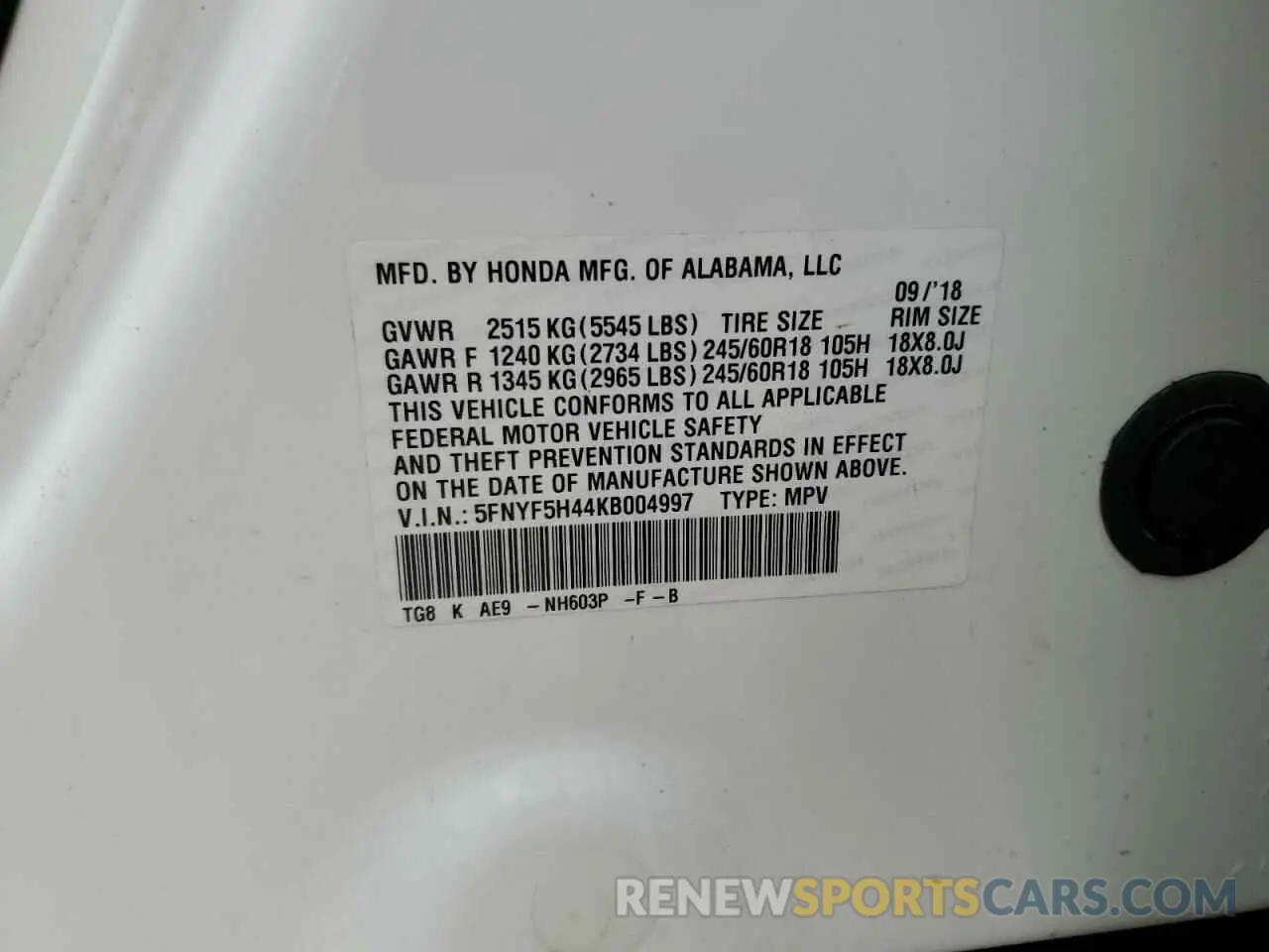 14 Photograph of a damaged car 5FNYF5H44KB004997 HONDA PILOT 2019