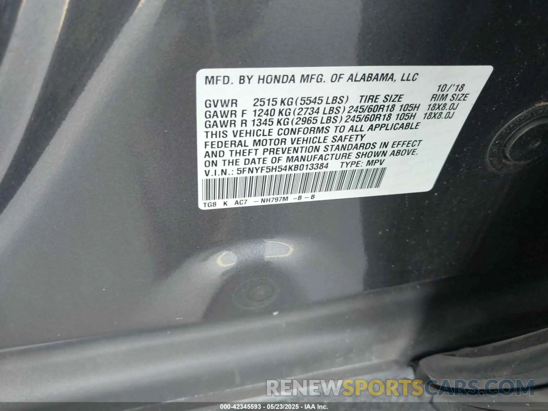 9 Photograph of a damaged car 5FNYF5H54KB013384 HONDA PILOT 2019