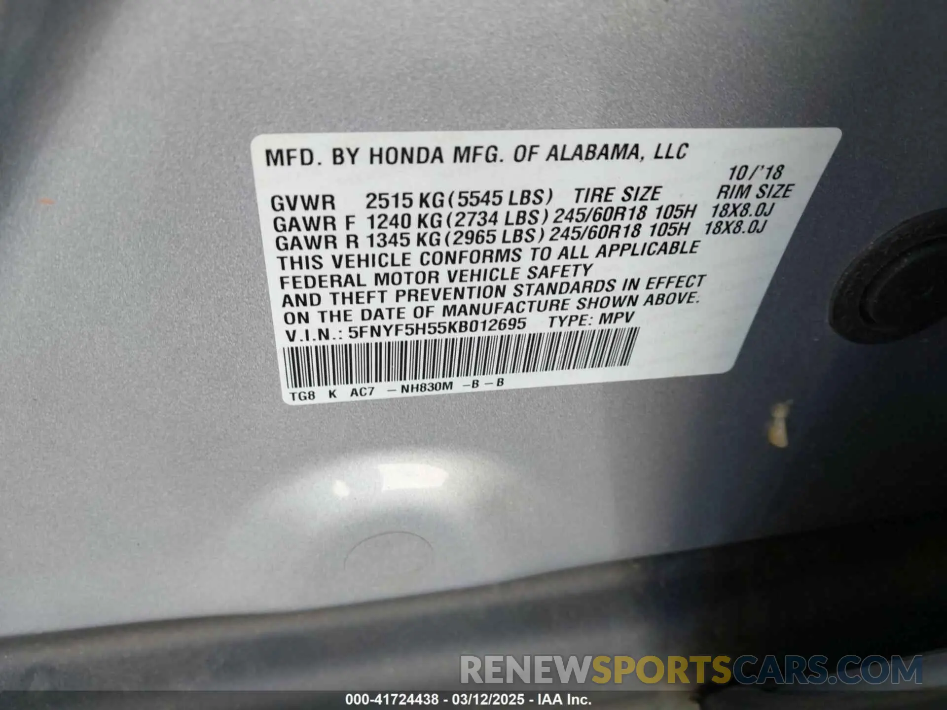 9 Фотография поврежденного автомобиля 5FNYF5H55KB012695 HONDA PILOT 2019