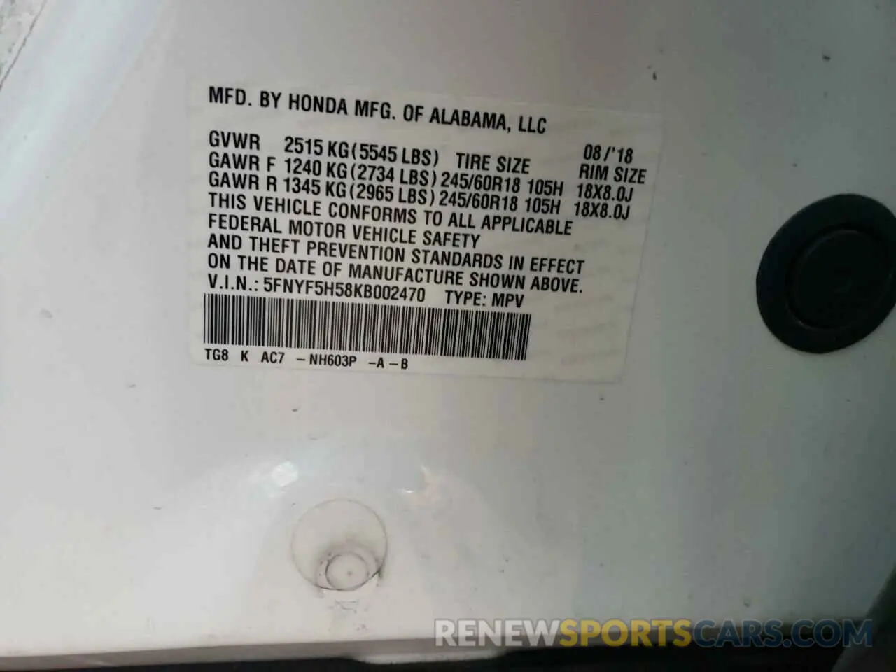 15 Photograph of a damaged car 5FNYF5H58KB002470 HONDA PILOT 2019