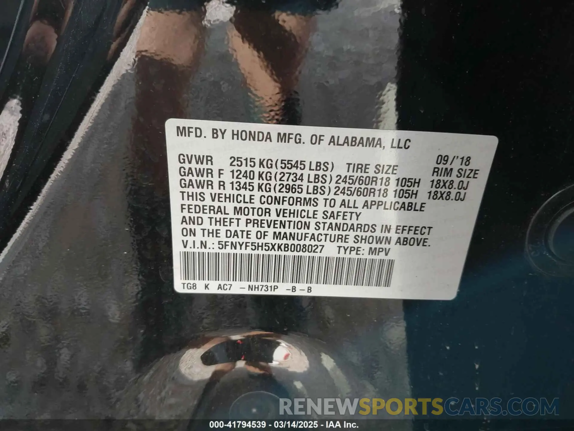 9 Photograph of a damaged car 5FNYF5H5XKB008027 HONDA PILOT 2019