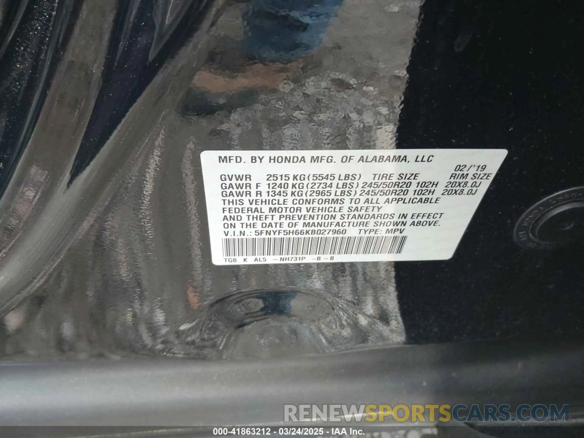 9 Фотография поврежденного автомобиля 5FNYF5H66KB027960 HONDA PILOT 2019