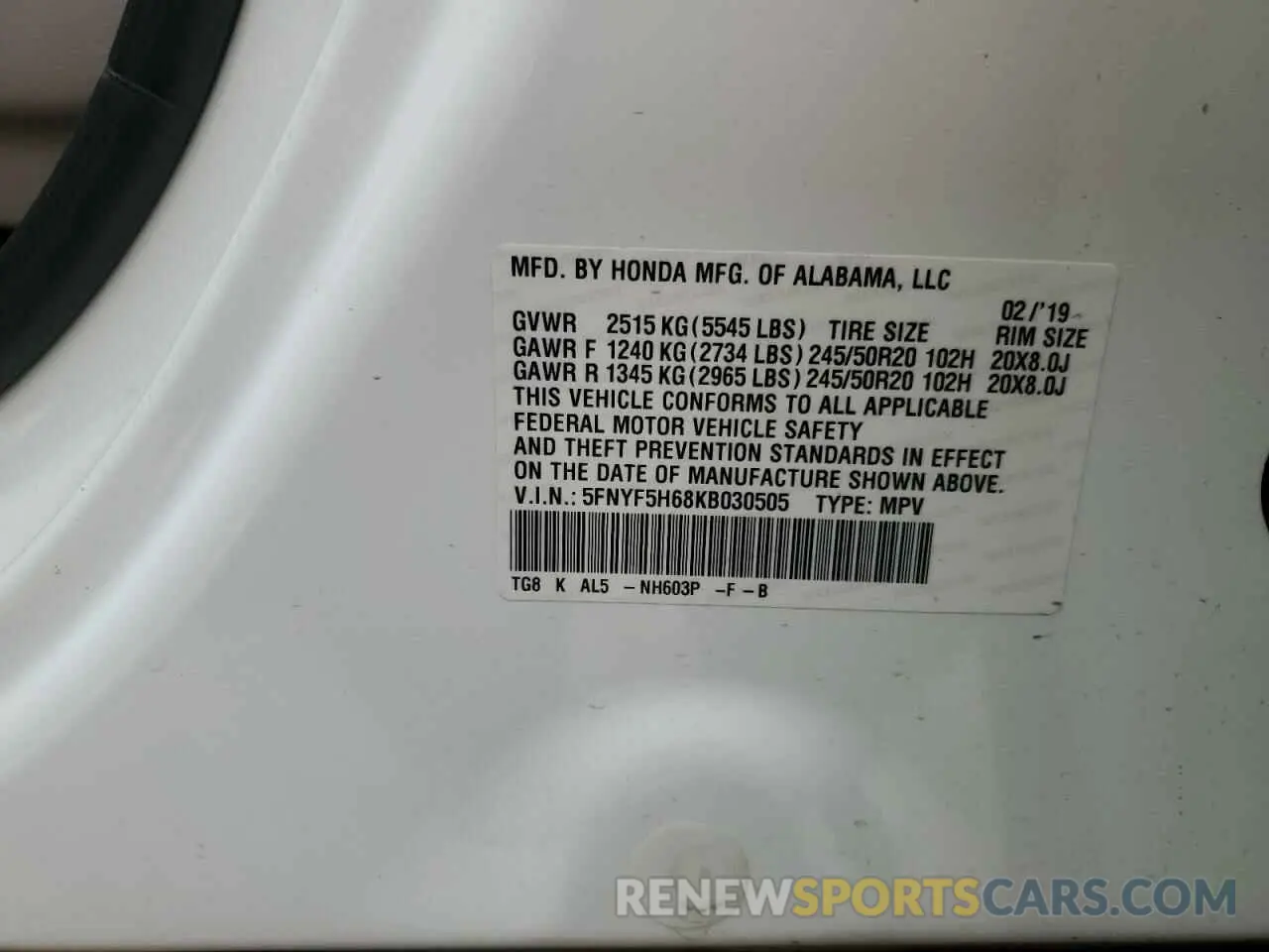 15 Photograph of a damaged car 5FNYF5H68KB030505 HONDA PILOT 2019