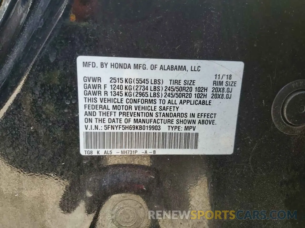 14 Photograph of a damaged car 5FNYF5H69KB019903 HONDA PILOT 2019