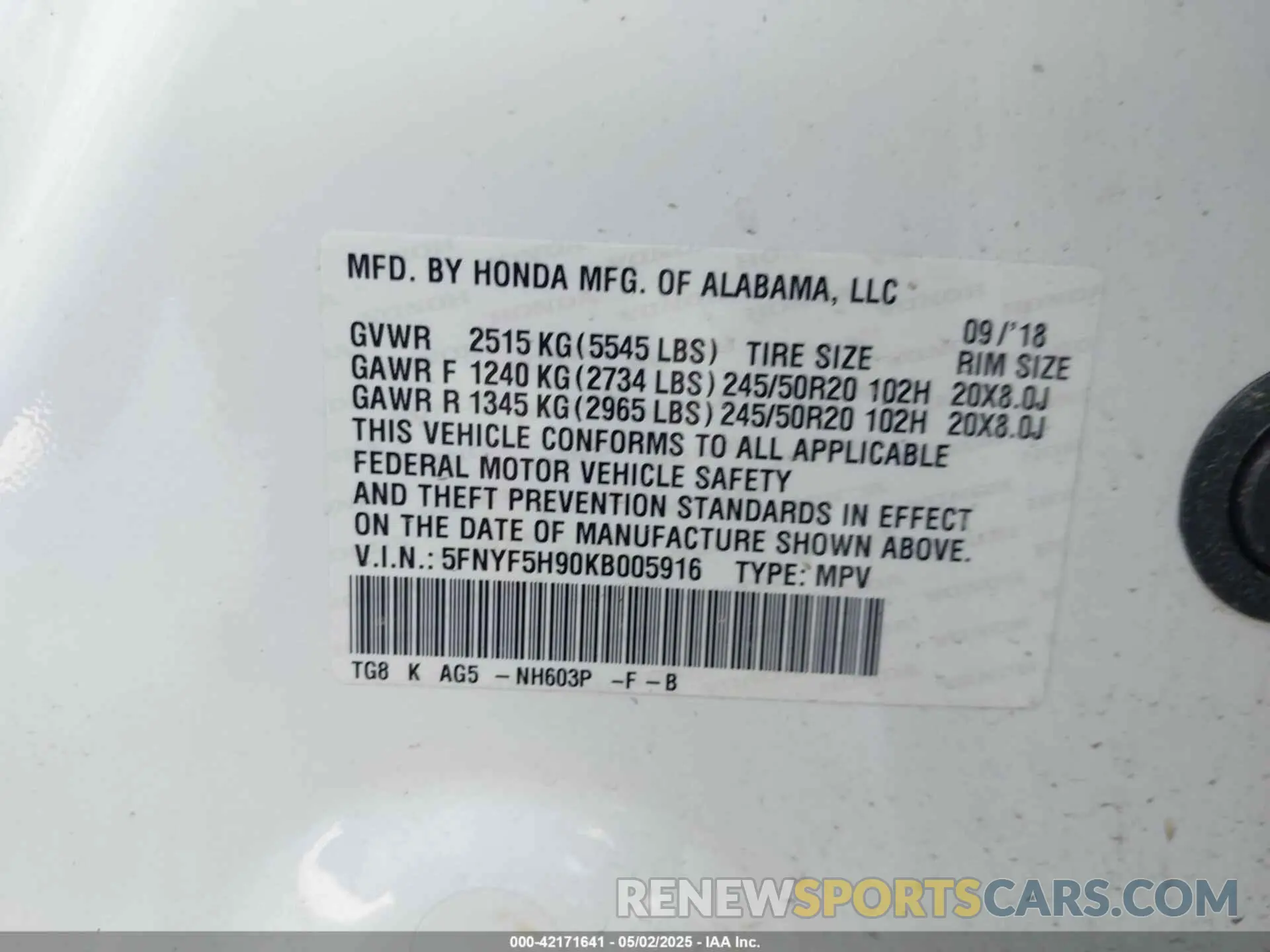 9 Фотография поврежденного автомобиля 5FNYF5H90KB005916 HONDA PILOT 2019