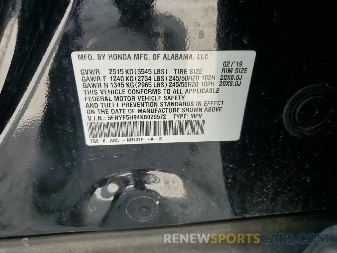 13 Фотография поврежденного автомобиля 5FNYF5H94KB029572 HONDA PILOT 2019