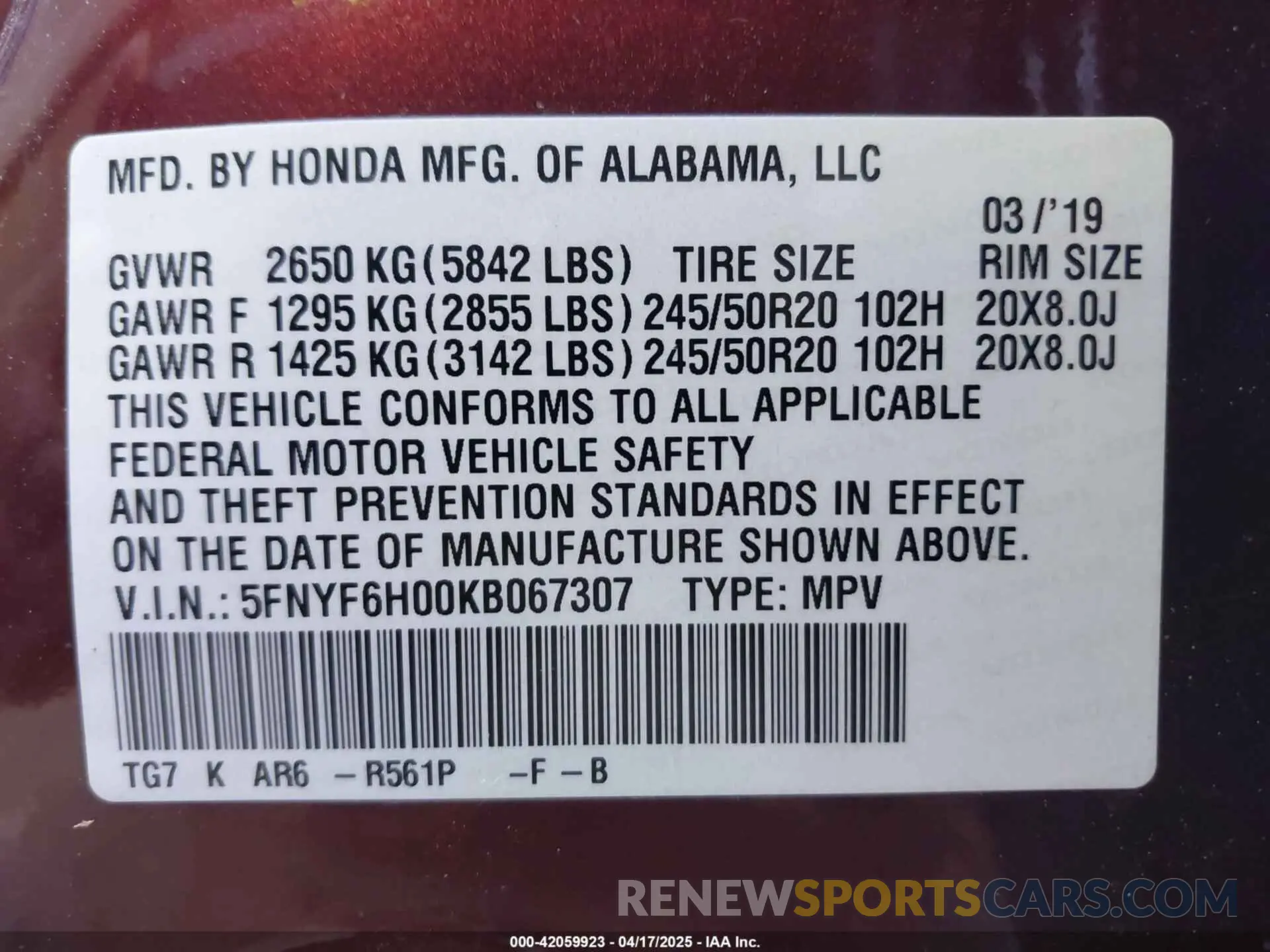 9 Фотография поврежденного автомобиля 5FNYF6H00KB067307 HONDA PILOT 2019