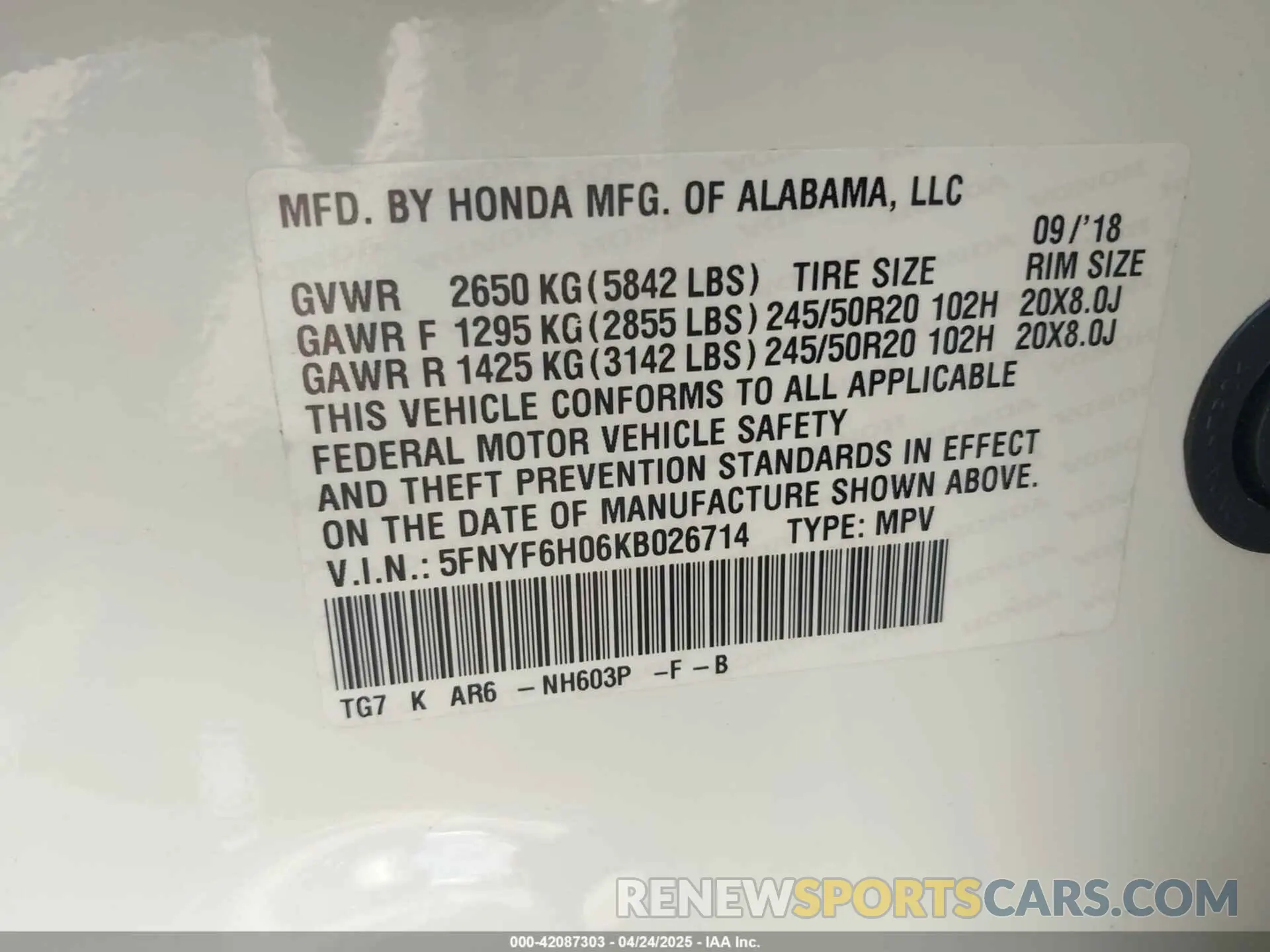 9 Фотография поврежденного автомобиля 5FNYF6H06KB026714 HONDA PILOT 2019